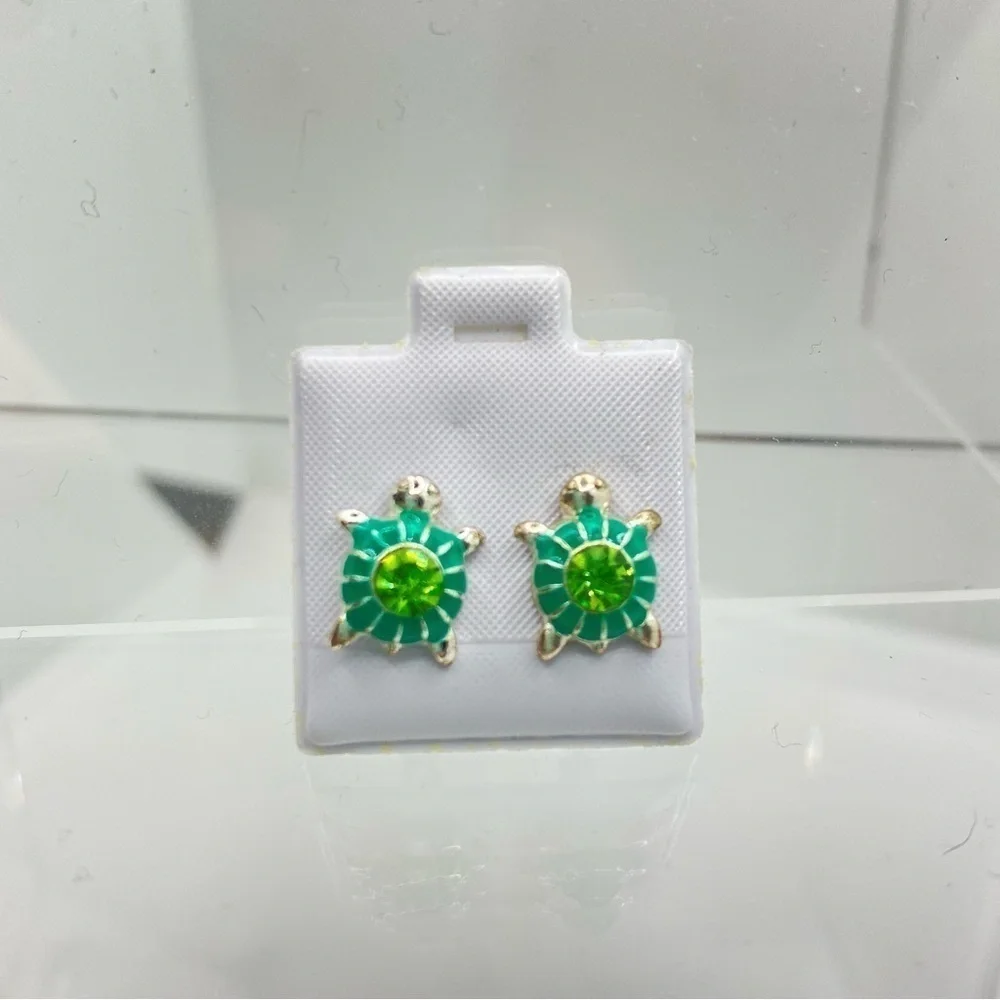 Turtle/ Butterfly Silver-Tone Enamel Rhinestone Stud Pierced Earrings Set Of 2